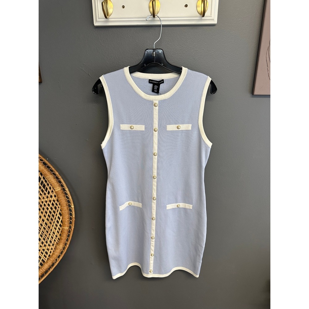 Sincerely Jules Blue Cream Knit Pearl Button Sleeveless Mini Dress Jrs XL NWT
